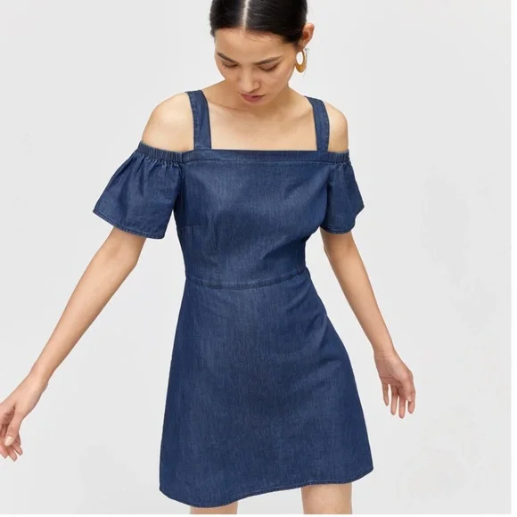 Warehouse Denim Cut Out Shoulder Dress in Dark Wash, Size: 8